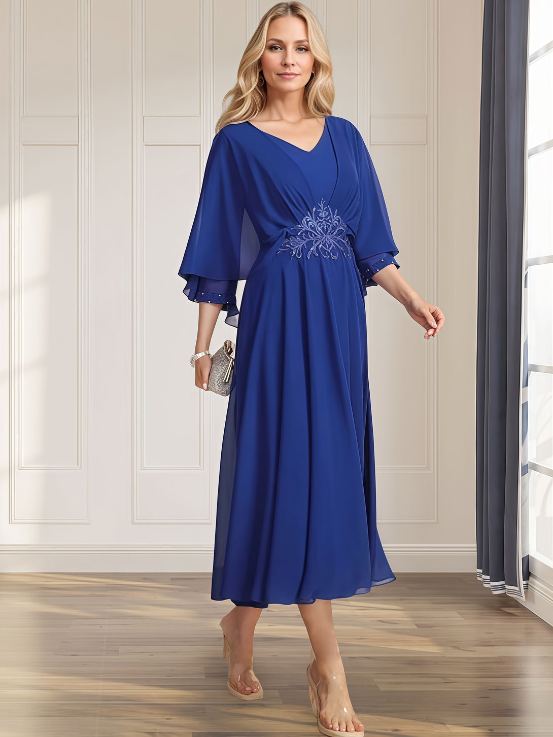 A-Line Cape V-Neck Tea-Length Lace/Chiffon Mother of the Bride Dress With Appliques BabaMila