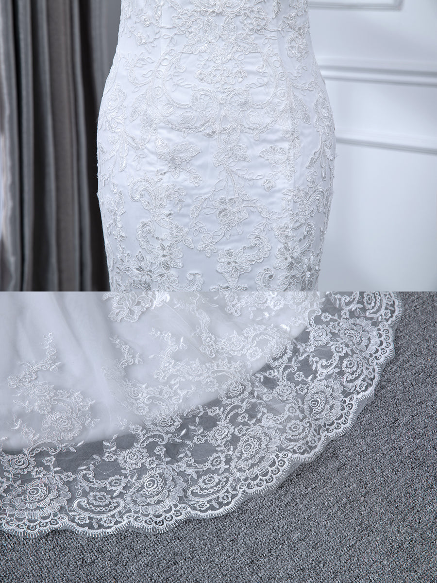 Trumpet/Mermaid Tulle Sheer Neck Sleeveless Wedding Dresses with Lace Appliques BabaMila
