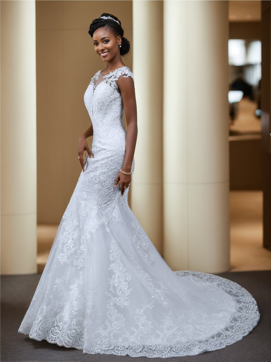 Trumpet/Mermaid Tulle Sheer Neck Sleeveless Wedding Dresses with Lace Appliques BabaMila