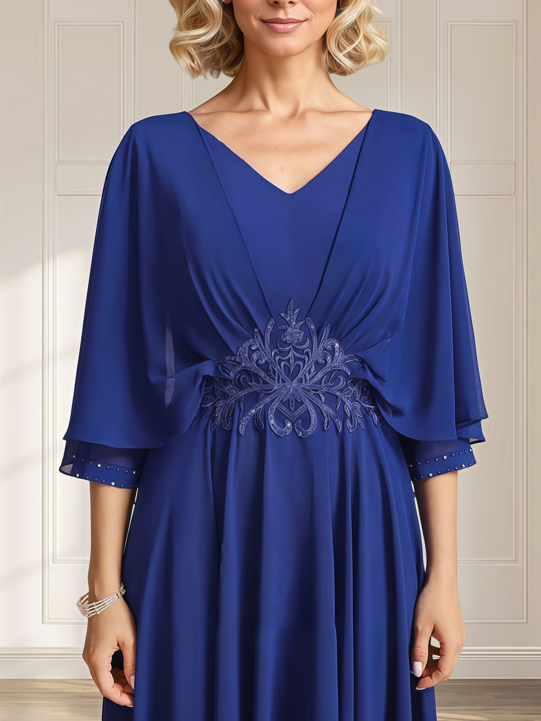 A-Line Cape V-Neck Tea-Length Lace/Chiffon Mother of the Bride Dress With Appliques BabaMila