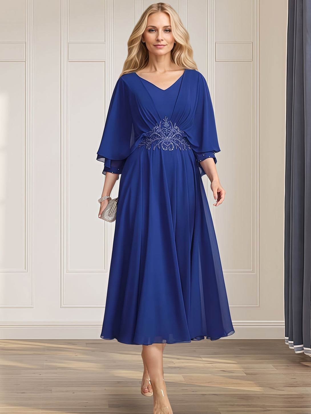 A-Line Cape V-Neck Tea-Length Lace/Chiffon Mother of the Bride Dress With Appliques BabaMila