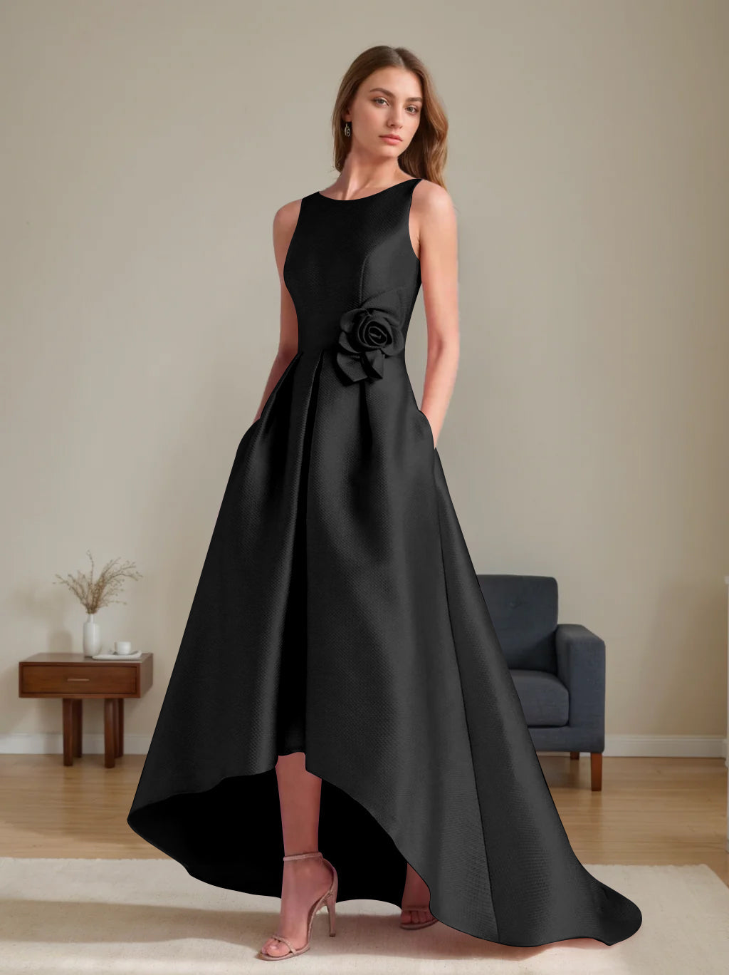 A-Line/Princess Scoop Sleeveless Asymmetrical Mother Of The Bride & Groom Dresses With Flowers BabaMila