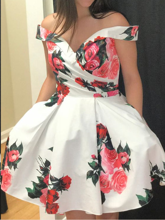 Floral Print Homecoming Dresses A-line Off-the-shoulder Short Prom Dress Party Dress Homecoming Dress BabaMila