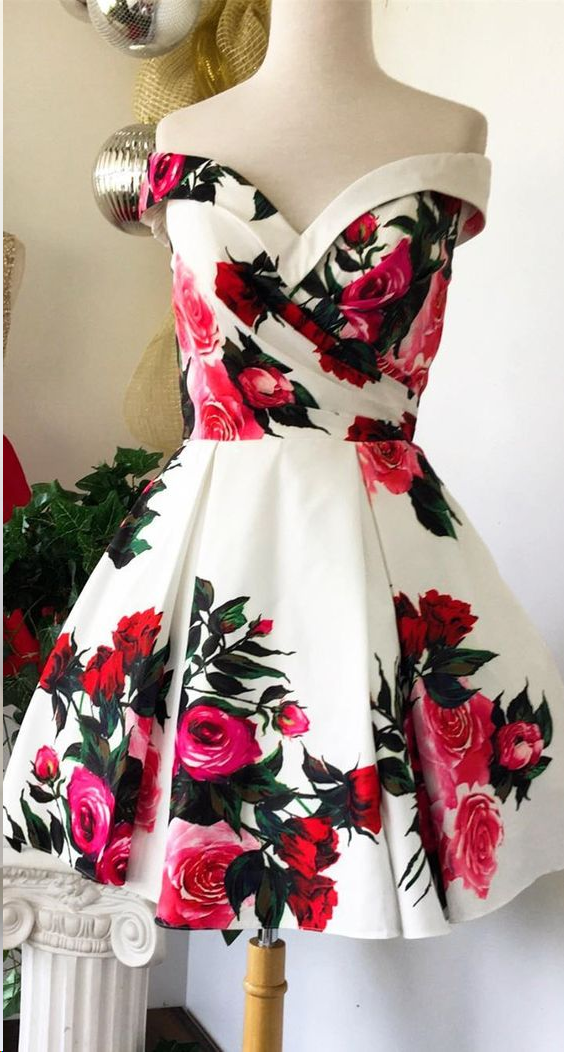 Floral Print Homecoming Dresses A-line Off-the-shoulder Short Prom Dress Party Dress Homecoming Dress BabaMila