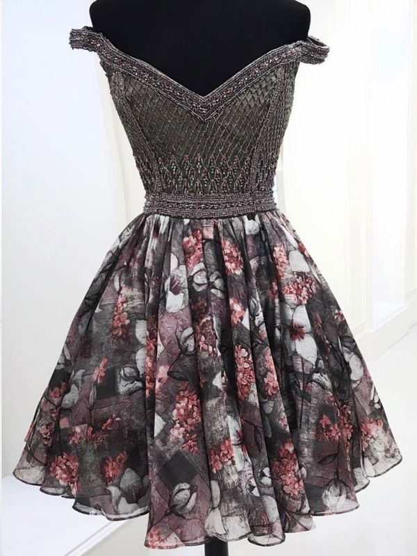 Sparkly Homecoming Dresses A Line Floral Print Short Prom Dress Beading Party Dress Homecoming Dress BabaMila