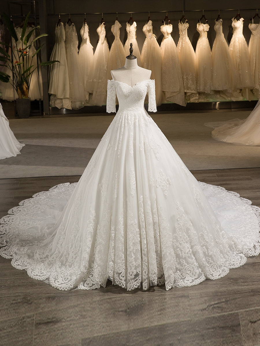 A-Line/Princess Tulle Off-the-Shoulder Half Sleeves Wedding Dresses with Lace Appliques BabaMila