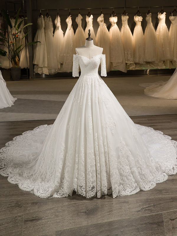 A-Line/Princess Tulle Off-the-Shoulder Half Sleeves Wedding Dresses with Lace Appliques BabaMila