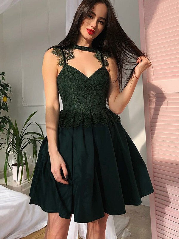 A-Line V-Neck Appliques Satin Homecoming Dresses With Lace BabaMila