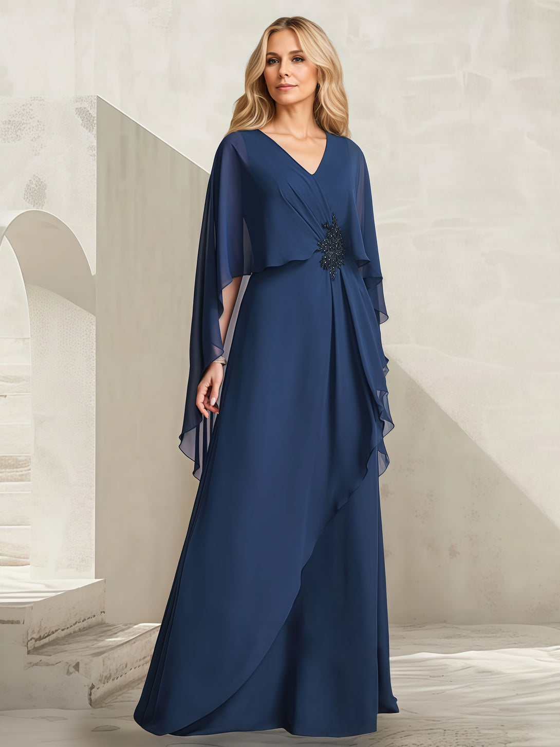 V-Neck A-Line Cape Floor-Length Chiffon Mother of the Bride Dress With Pleated/Beads BabaMila