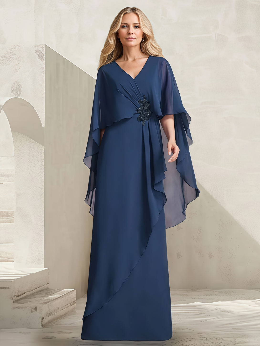 V-Neck A-Line Cape Floor-Length Chiffon Mother of the Bride Dress With Pleated/Beads BabaMila