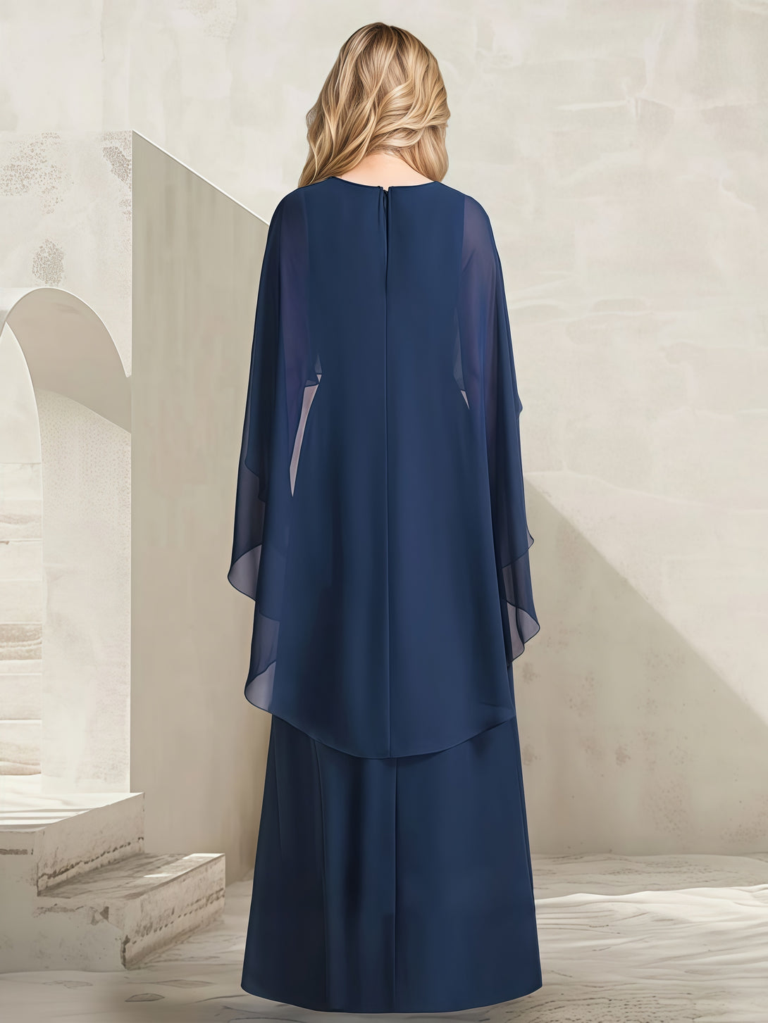 V-Neck A-Line Cape Floor-Length Chiffon Mother of the Bride Dress With Pleated/Beads BabaMila