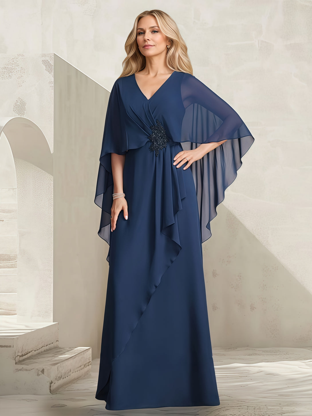 V-Neck A-Line Cape Floor-Length Chiffon Mother of the Bride Dress With Pleated/Beads BabaMila