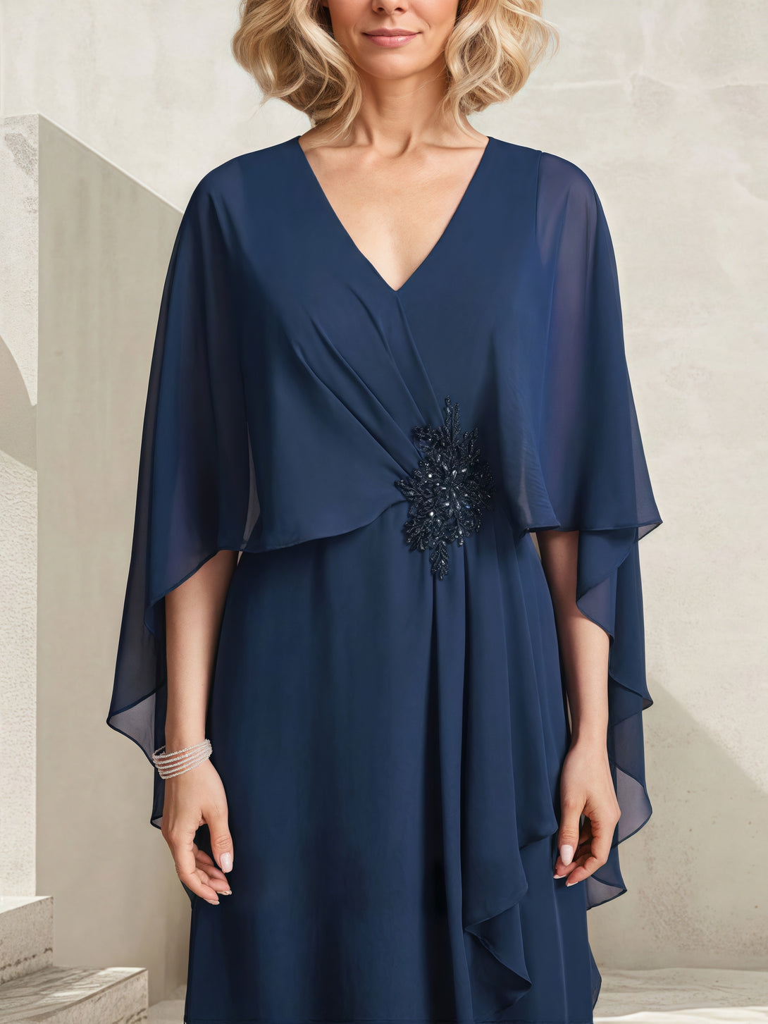 V-Neck A-Line Cape Floor-Length Chiffon Mother of the Bride Dress With Pleated/Beads BabaMila