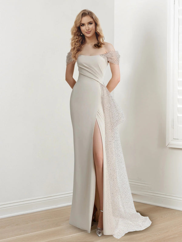 Sheath/Column Off-The-Shoulder Short Sleeves Floor-Length Long Evening Dresses with Split Side BabaMila