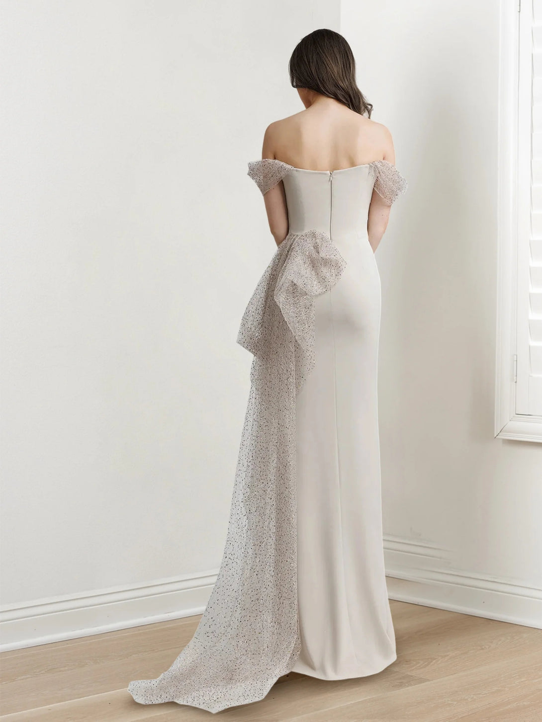 Sheath/Column Off-The-Shoulder Short Sleeves Floor-Length Long Evening Dresses with Split Side BabaMila