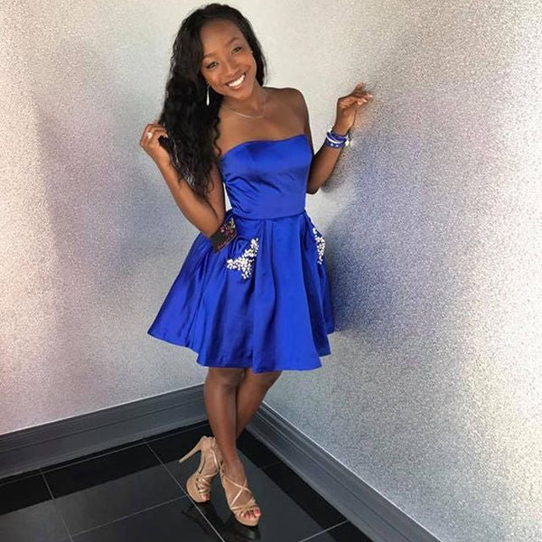 Cute Homecoming Dresses Strapless Rhinestone Short Prom Dress with Pockets Party Dress Homecoming Dress BabaMila
