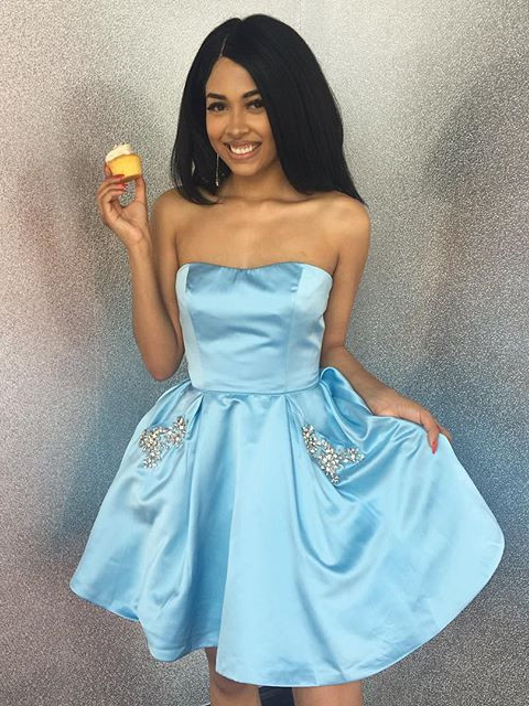 Cute Homecoming Dresses Strapless Rhinestone Short Prom Dress with Pockets Party Dress Homecoming Dress BabaMila