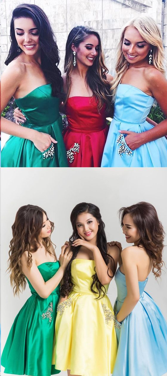 Cute Homecoming Dresses Strapless Rhinestone Short Prom Dress with Pockets Party Dress Homecoming Dress BabaMila