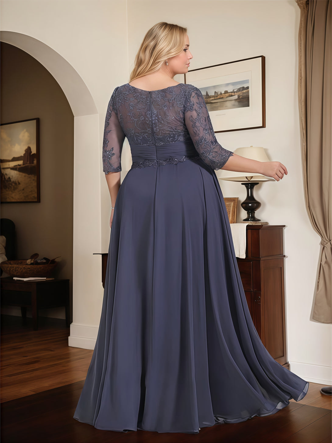 Boat Neck A-Line Illusion Half Sleeve Floor-Length Chiffon/Lace Mother of the Bride Dress With Pleated/Appliques BabaMila