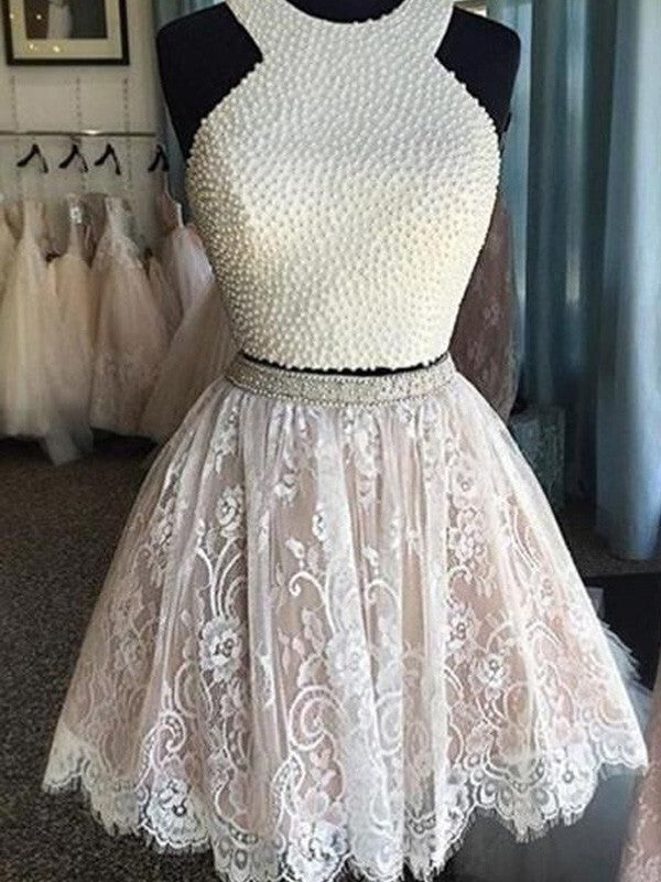 A-Line Halter Beading Sleeveless Appliques Two Pieces Homecoming Dresses BabaMila