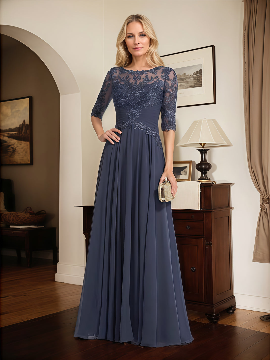 Boat Neck A-Line Illusion Half Sleeve Floor-Length Chiffon/Lace Mother of the Bride Dress With Pleated/Appliques BabaMila