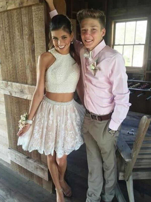 A-Line Halter Beading Sleeveless Appliques Two Pieces Homecoming Dresses BabaMila