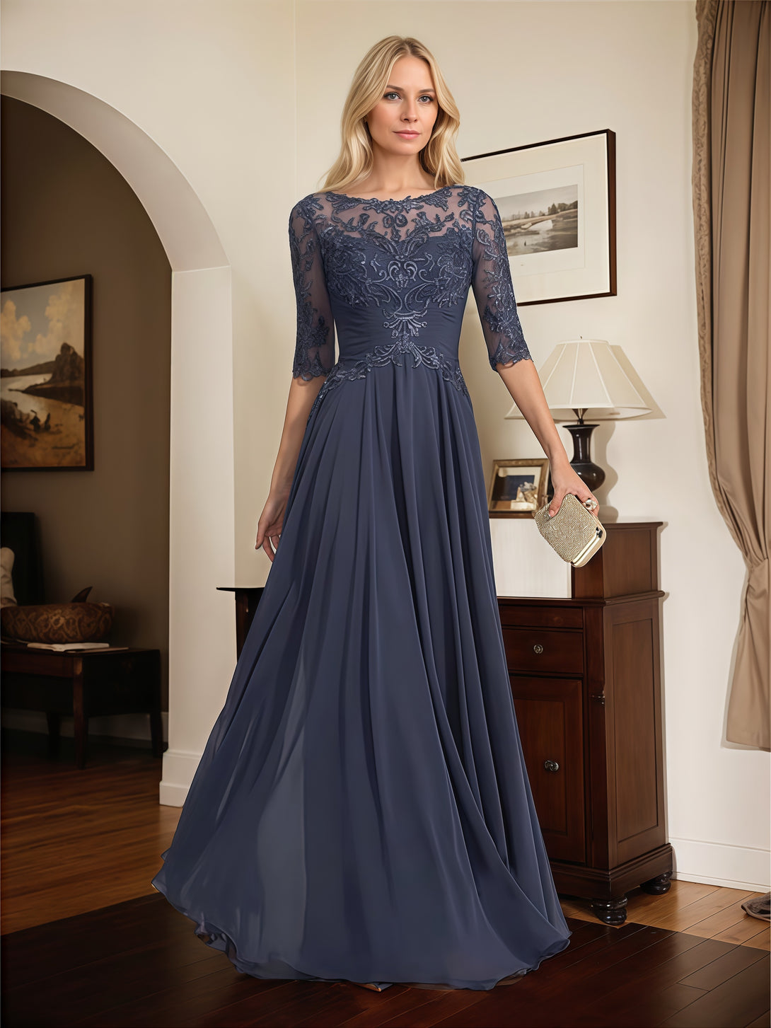 Boat Neck A-Line Illusion Half Sleeve Floor-Length Chiffon/Lace Mother of the Bride Dress With Pleated/Appliques BabaMila