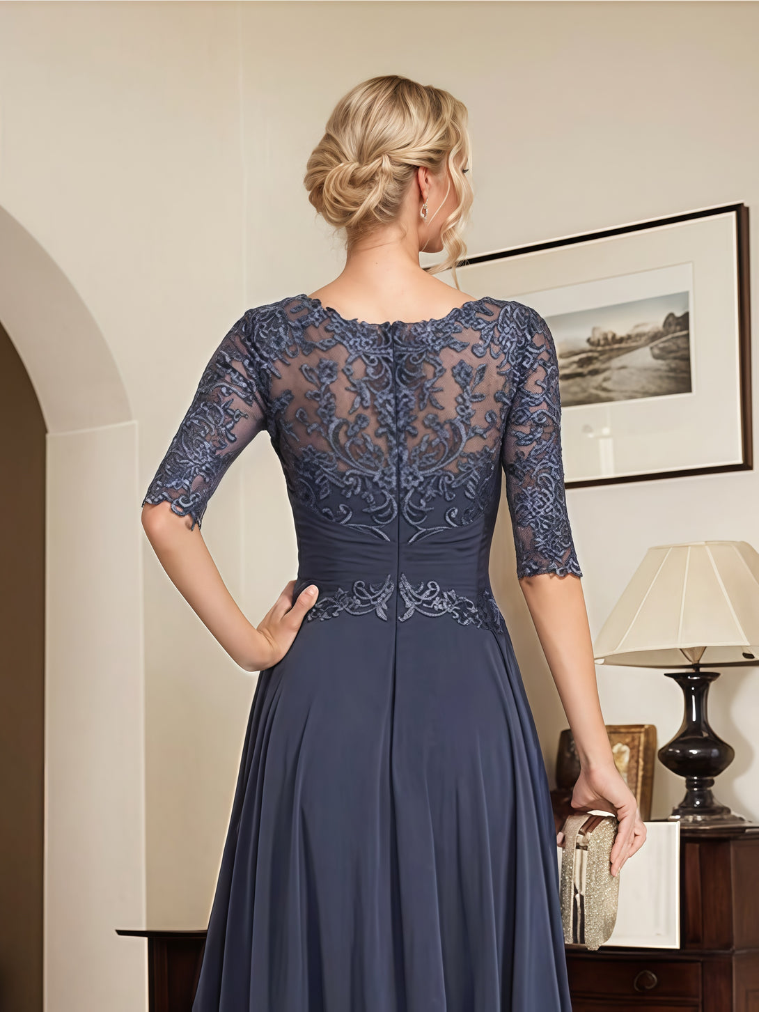 Boat Neck A-Line Illusion Half Sleeve Floor-Length Chiffon/Lace Mother of the Bride Dress With Pleated/Appliques BabaMila