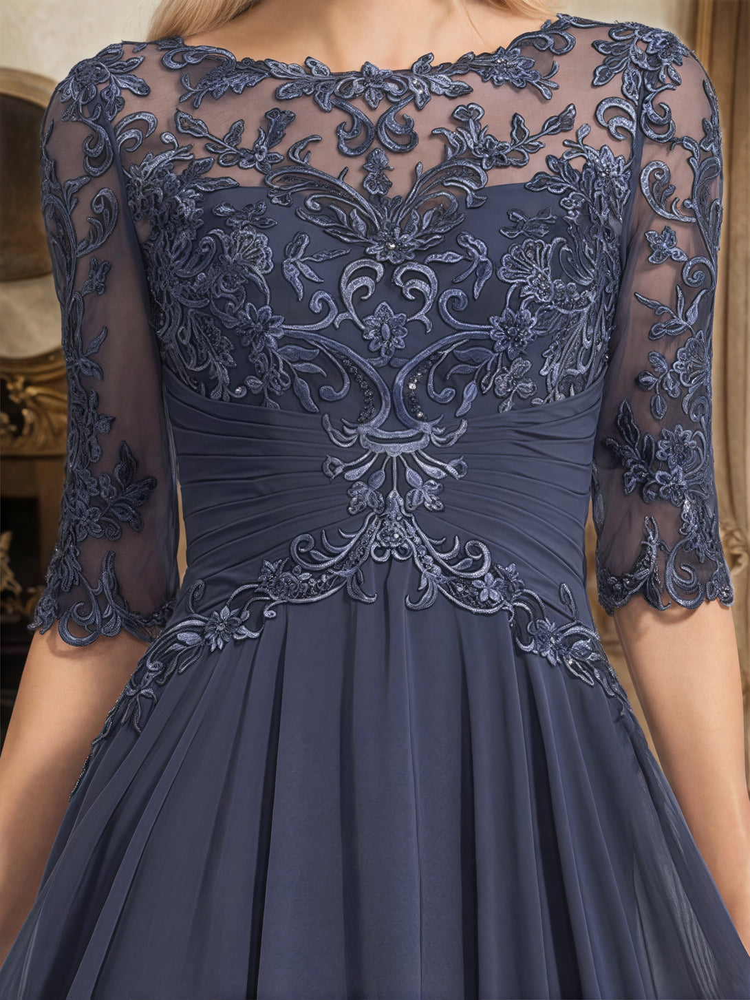 Boat Neck A-Line Illusion Half Sleeve Floor-Length Chiffon/Lace Mother of the Bride Dress With Pleated/Appliques BabaMila