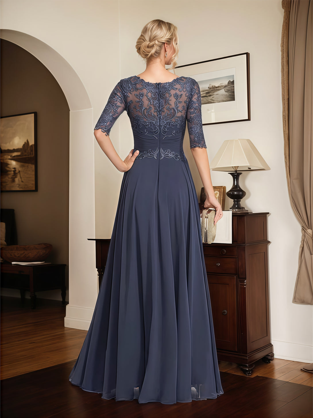 Boat Neck A-Line Illusion Half Sleeve Floor-Length Chiffon/Lace Mother of the Bride Dress With Pleated/Appliques BabaMila