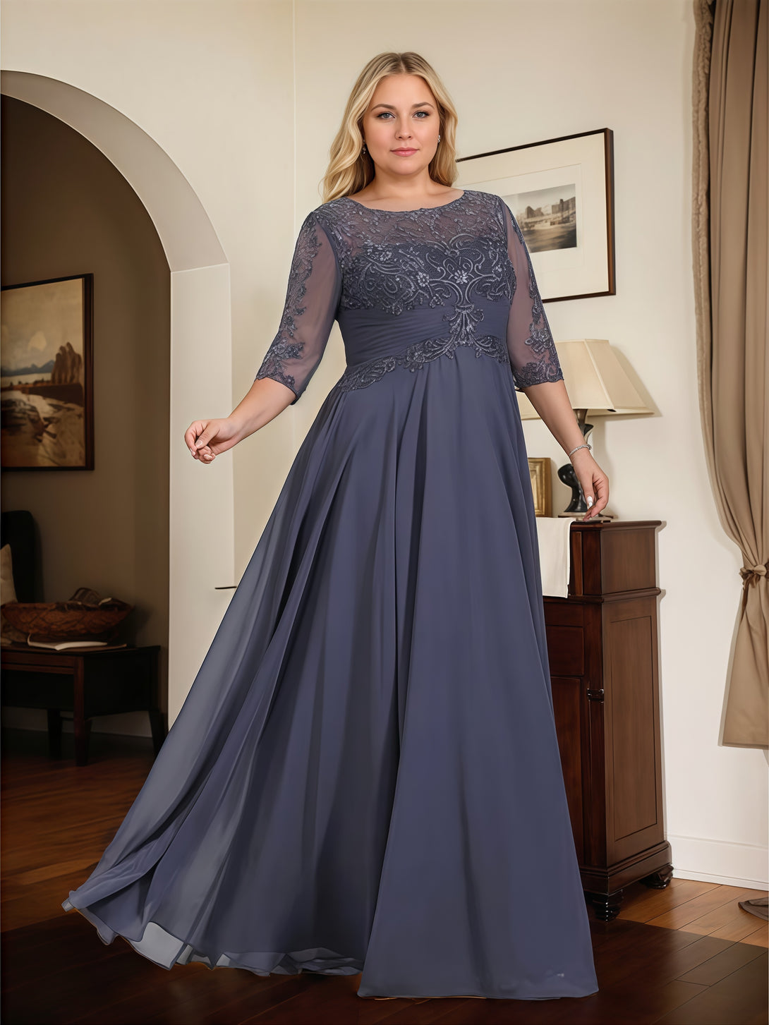 Boat Neck A-Line Illusion Half Sleeve Floor-Length Chiffon/Lace Mother of the Bride Dress With Pleated/Appliques BabaMila