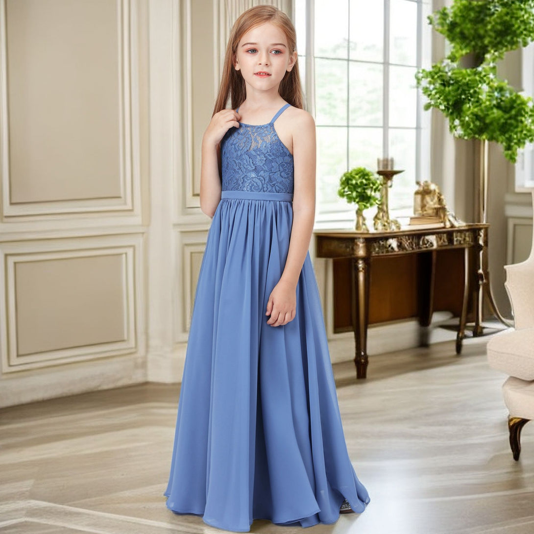 Simple A-Line Square Neck Spaghetti Straps Floor-Length Lace/Chiffon Junior Bridesmaid Dress/Girls Birthday Dresses With Belt Gidiondress