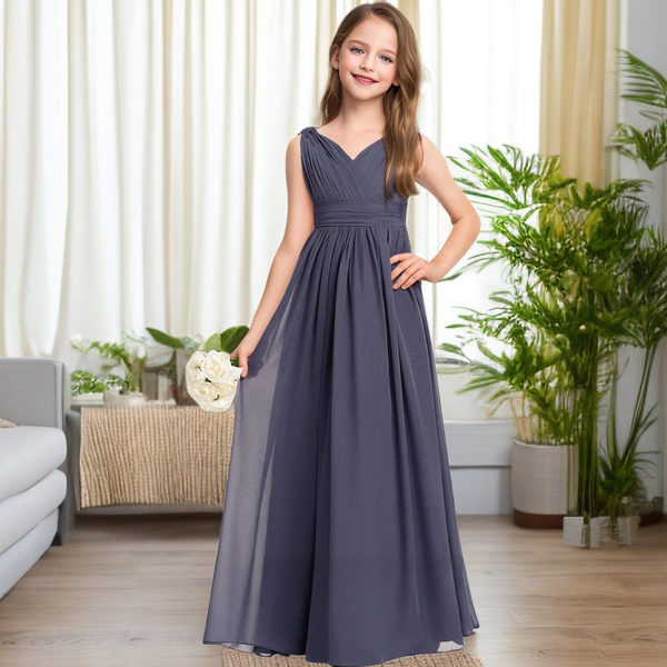 A-Line Sleeveless V-Neck Simple Floor-Length Chiffon Junior Bridesmaid Dress/Girls Birthday Dresses With Pleated/Belt Girls Gidiondress