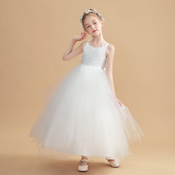 Ball Gown Spaghetti Straps Scoop Neck Floor-Length Tulle/Satin Flower Girl Dresses/First Communion Dress With Appliques/Bow Girls Gidiondress