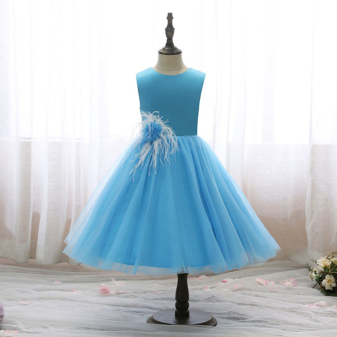 Boat Neck Sleeveless Knee-Length Satin/Tulle Holiday＆Christmas Dresses With feather/3D Flower Gidiondress