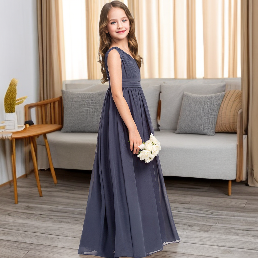 A-Line Sleeveless V-Neck Simple Floor-Length Chiffon Junior Bridesmaid Dress/Girls Birthday Dresses With Pleated/Belt Girls Gidiondress