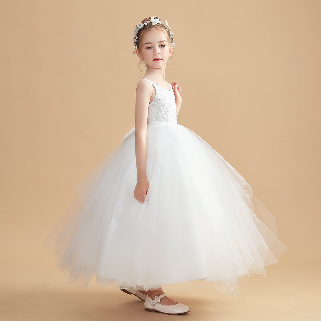 Ball Gown Spaghetti Straps Scoop Neck Floor-Length Tulle/Satin Flower Girl Dresses/First Communion Dress With Appliques/Bow Girls Gidiondress