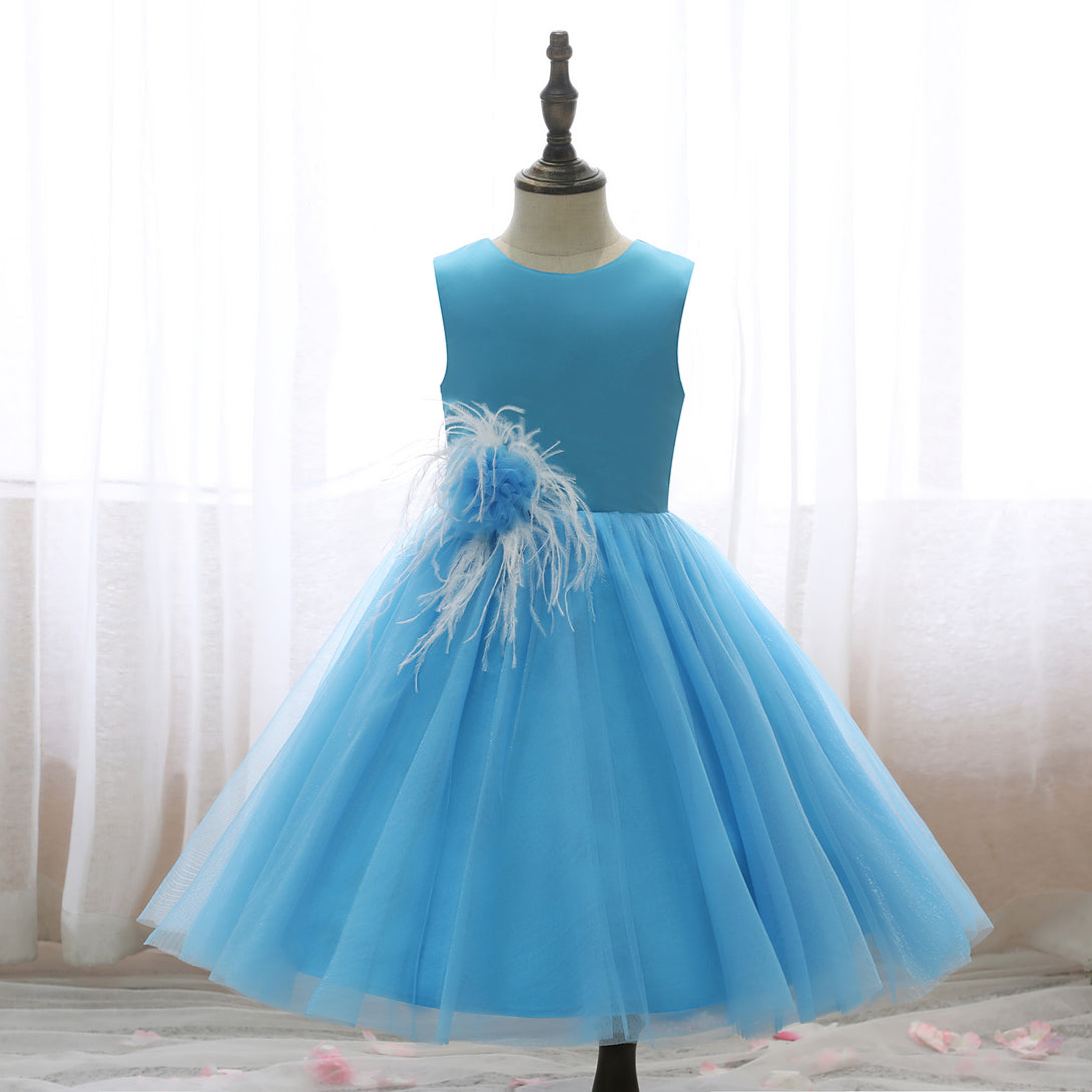 Boat Neck Sleeveless Knee-Length Satin/Tulle Holiday＆Christmas Dresses With feather/3D Flower Gidiondress