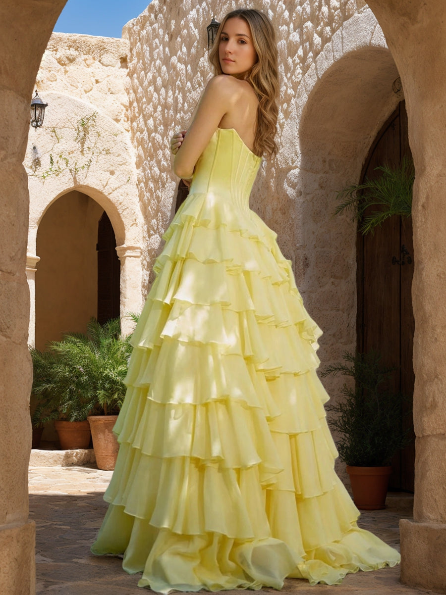 A-Line/Princess Strapless Ruched Backless Prom Dresses with Ruffles/High Split/Embroidery BabaMila