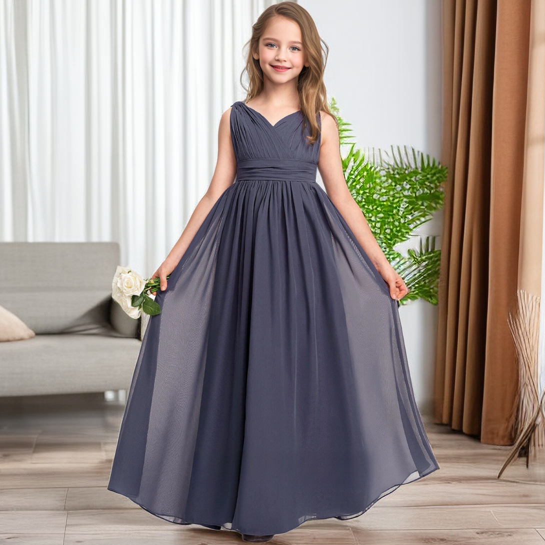 A-Line Sleeveless V-Neck Simple Floor-Length Chiffon Junior Bridesmaid Dress/Girls Birthday Dresses With Pleated/Belt Girls Gidiondress as picture 12M