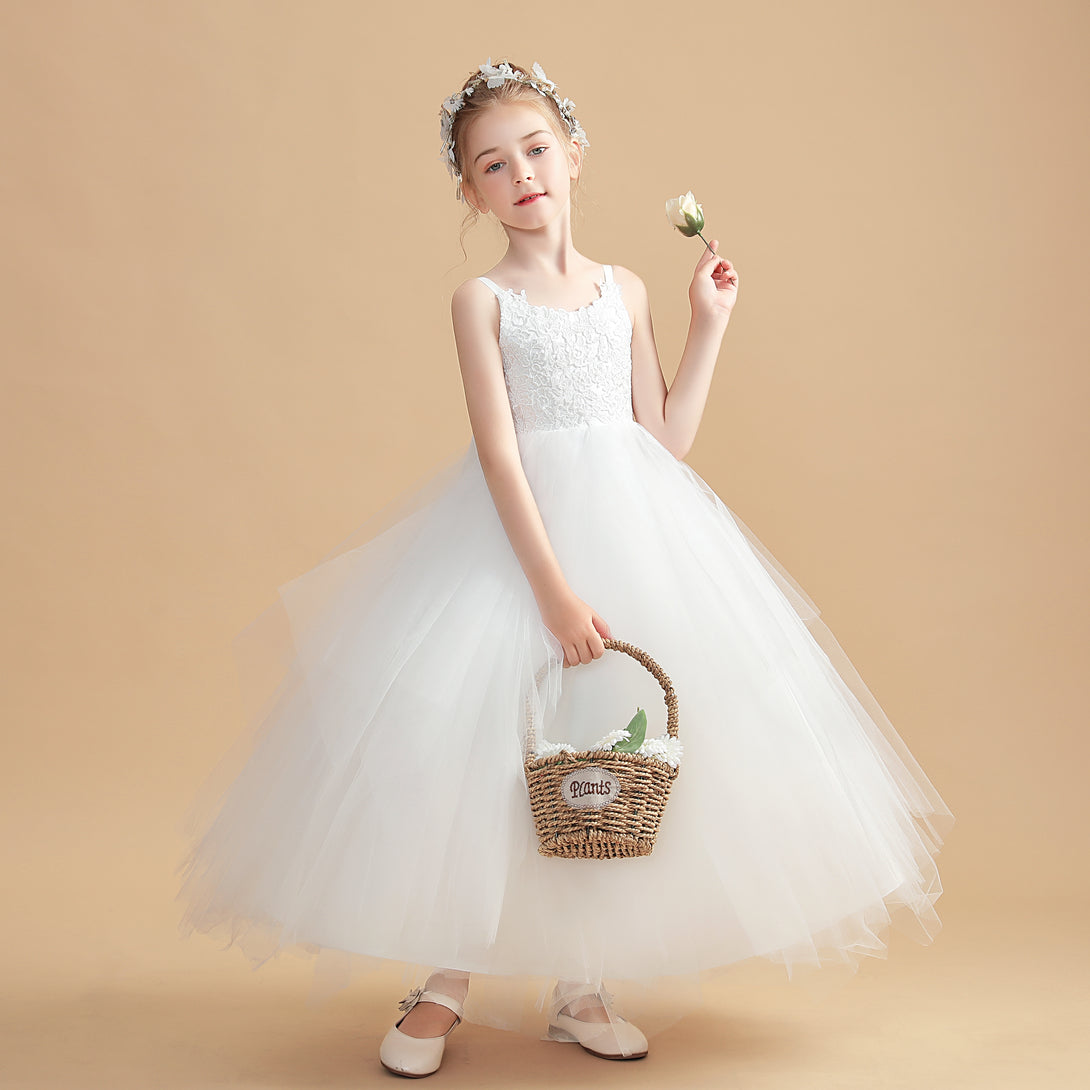 Ball Gown Spaghetti Straps Scoop Neck Floor-Length Tulle/Satin Flower Girl Dresses/First Communion Dress With Appliques/Bow Girls Gidiondress Ivory 12M