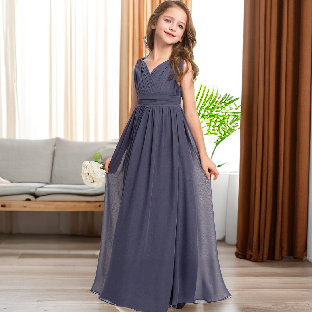 A-Line Sleeveless V-Neck Simple Floor-Length Chiffon Junior Bridesmaid Dress/Girls Birthday Dresses With Pleated/Belt Girls Gidiondress