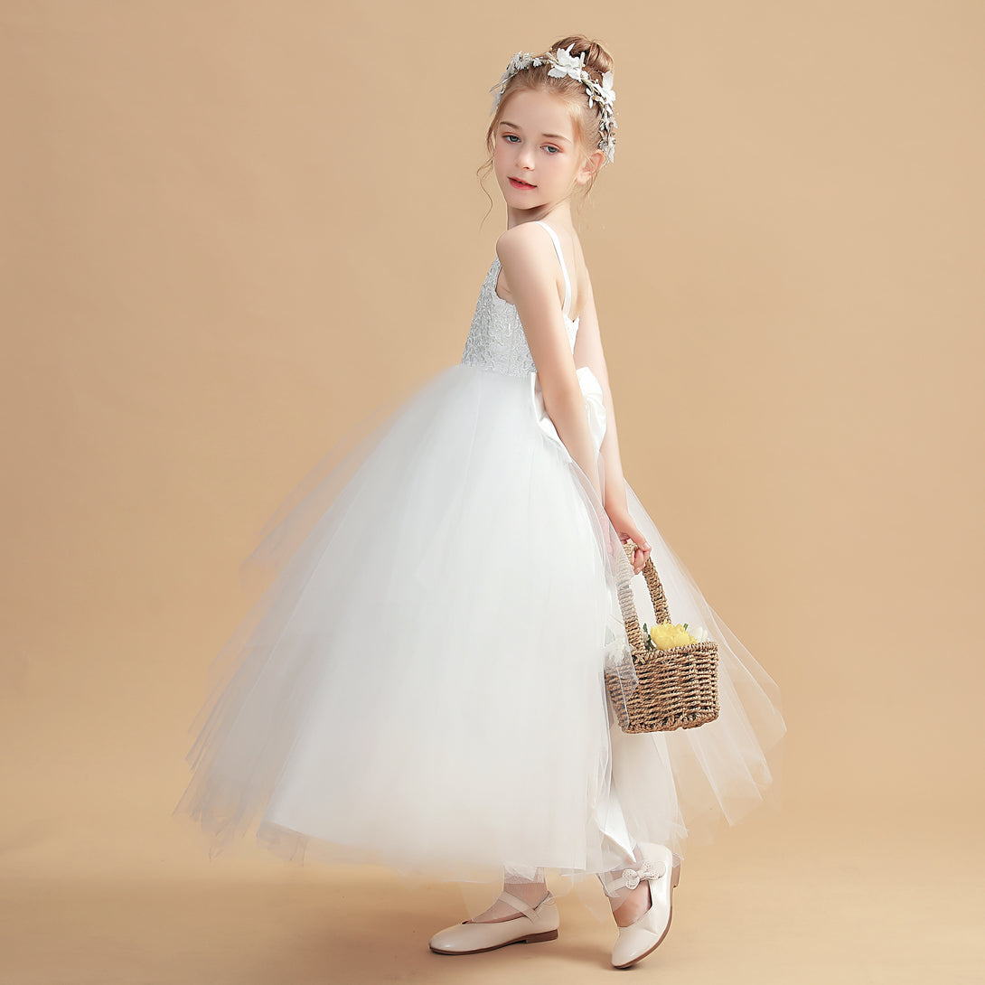 Ball Gown Spaghetti Straps Scoop Neck Floor-Length Tulle/Satin Flower Girl Dresses/First Communion Dress With Appliques/Bow Girls Gidiondress