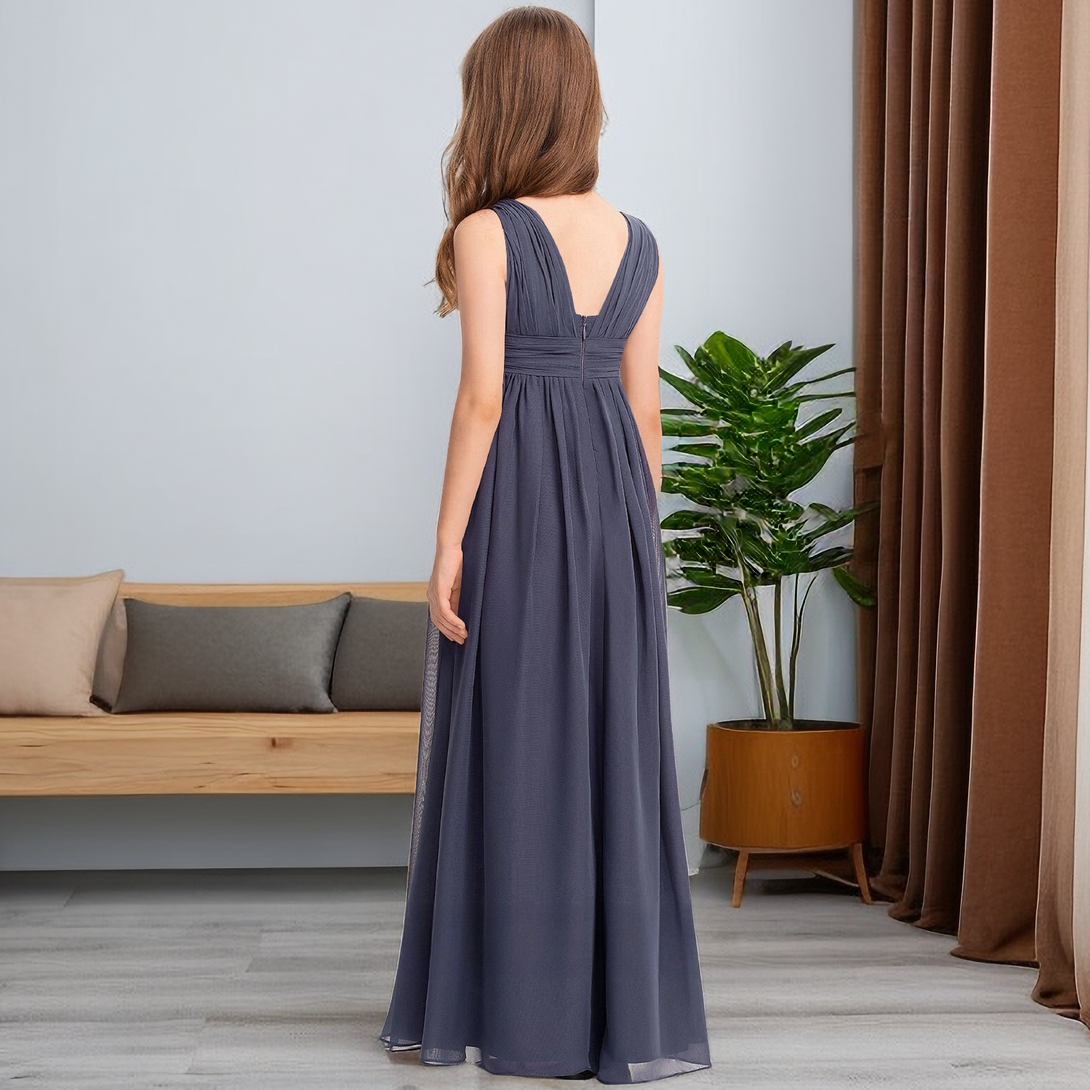 A-Line Sleeveless V-Neck Simple Floor-Length Chiffon Junior Bridesmaid Dress/Girls Birthday Dresses With Pleated/Belt Girls Gidiondress