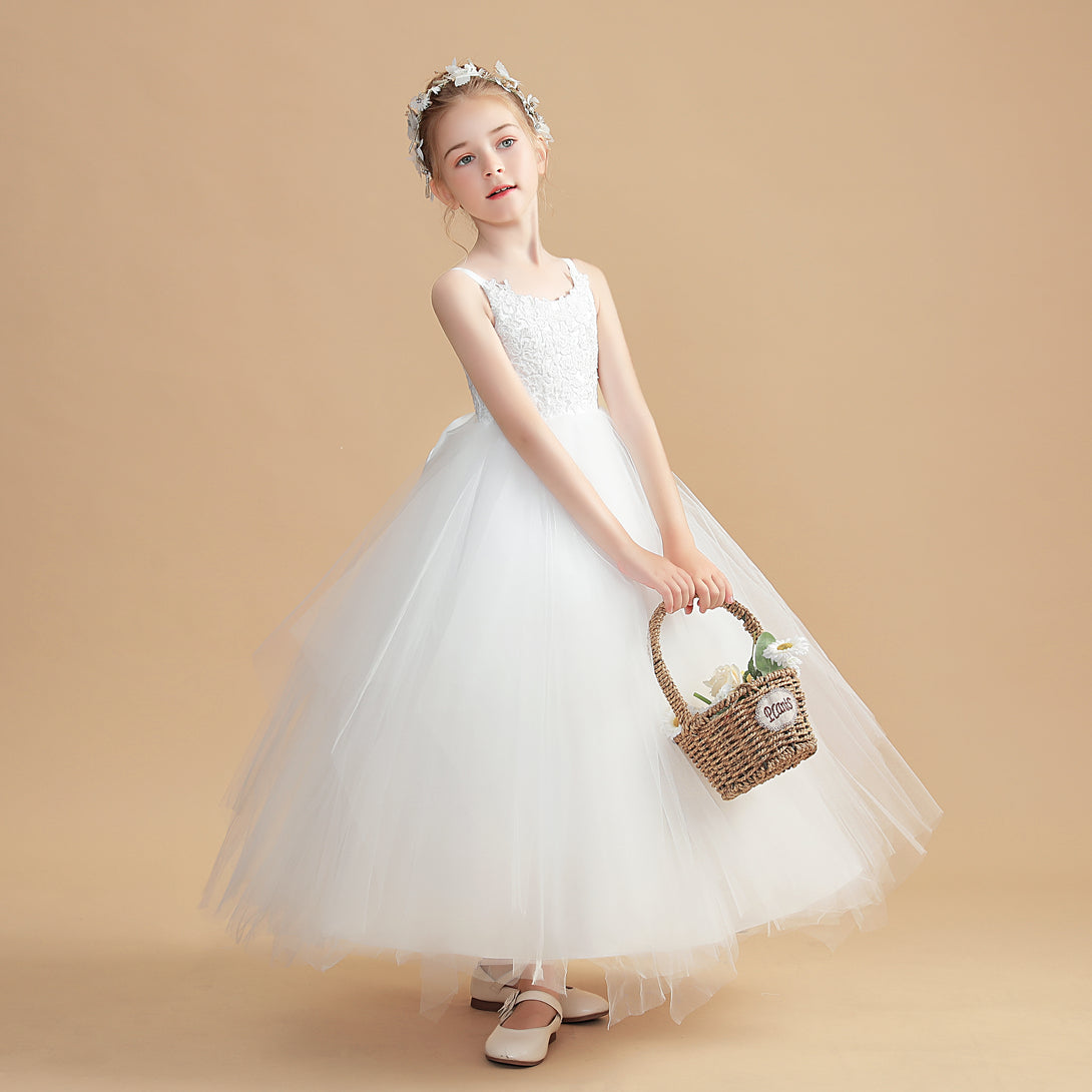 Ball Gown Spaghetti Straps Scoop Neck Floor-Length Tulle/Satin Flower Girl Dresses/First Communion Dress With Appliques/Bow Girls Gidiondress