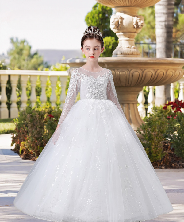 Exquisite Scoop Neck Long Sleeve Floor-Length Lace/Printed Tulle Flower Girl Dresses With Beads/Appliques Gidiondress