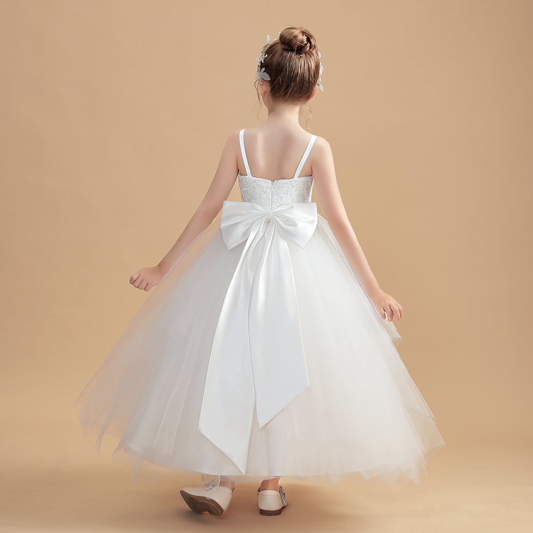 Ball Gown Spaghetti Straps Scoop Neck Floor-Length Tulle/Satin Flower Girl Dresses/First Communion Dress With Appliques/Bow Girls Gidiondress