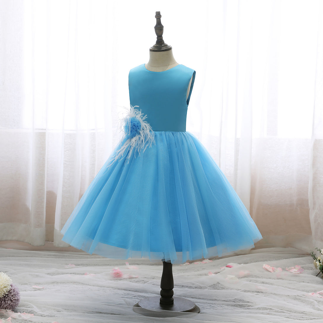 Boat Neck Sleeveless Knee-Length Satin/Tulle Holiday＆Christmas Dresses With feather/3D Flower Gidiondress