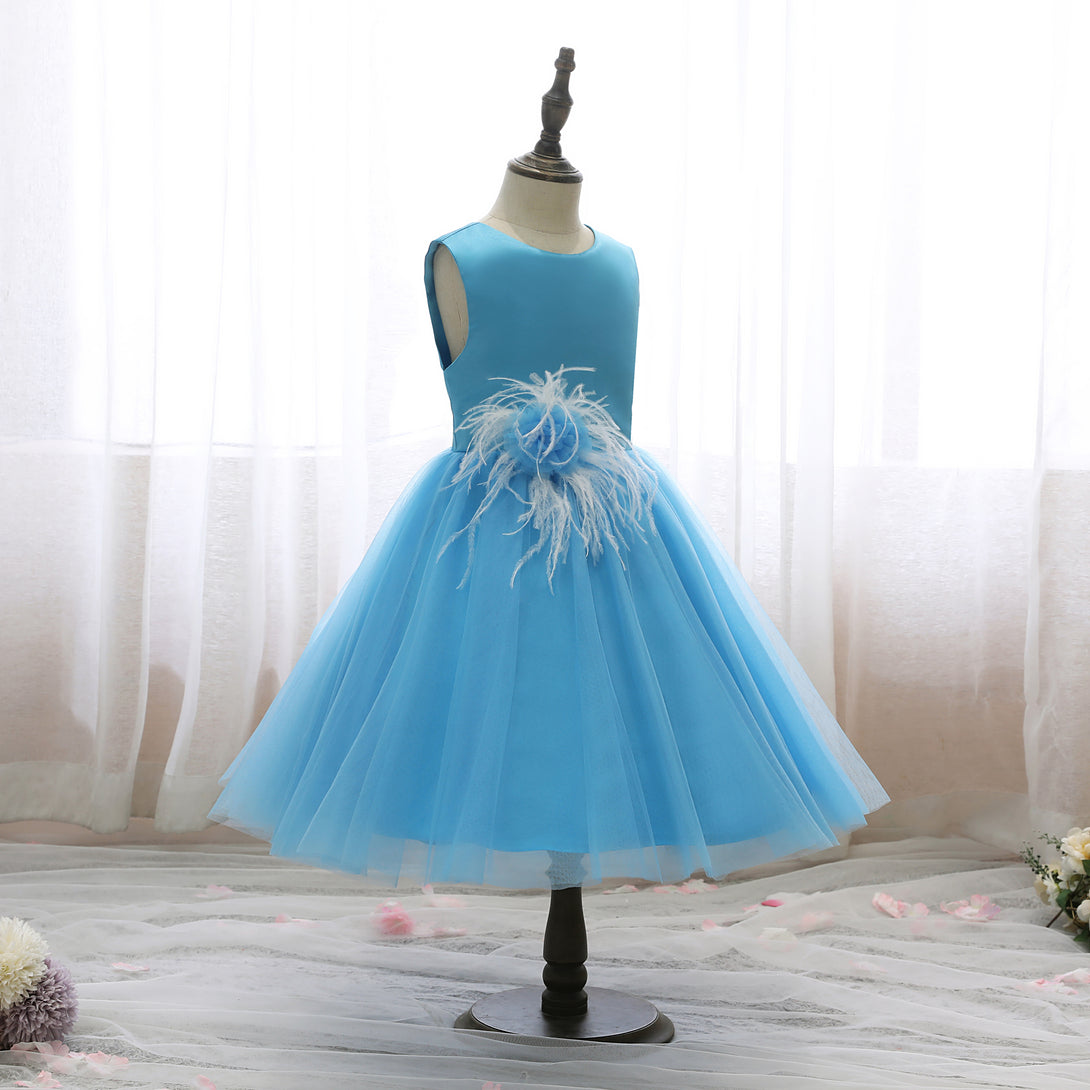 Boat Neck Sleeveless Knee-Length Satin/Tulle Holiday＆Christmas Dresses With feather/3D Flower Gidiondress