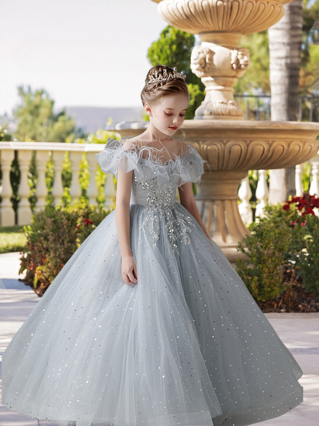 Exquisite Scoop Neck Cold Shoulder Floor-Length Lace/Printed Tulle Ball Gown/Princess With Ruffled Hem/Appliques Gidiondress